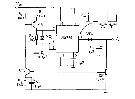 High-efficiency pulse width modulation regulated power supply circuit diagram composed of NE555