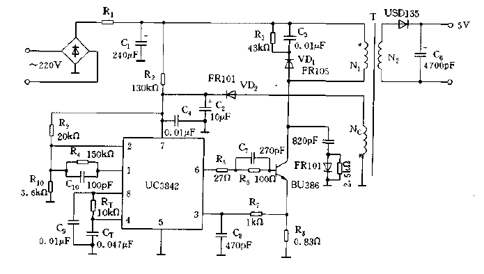 Practical circuit diagram of single-ended flyback switching power supply using UC3842