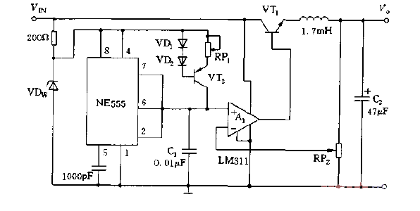 <strong>Pulse width modulation</strong> switching <strong>stabilized power supply circuit</strong> composed of <strong>NE555</strong> Figure.gif