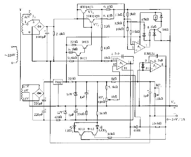 Circuit diagram of voltage-stabilized and flow-stabilized DC power supply using transistors