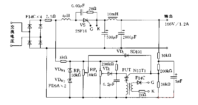 <strong>Stabilized power supply circuit</strong> composed of <strong>Thyristor</strong> with output 100V, 1.2A Figure.gif