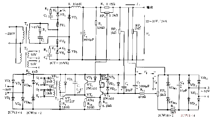 <strong>Stabilized power supply circuit</strong> composed of <strong>Thyristor</strong> with output 12V-30V, 20A Figure.gif