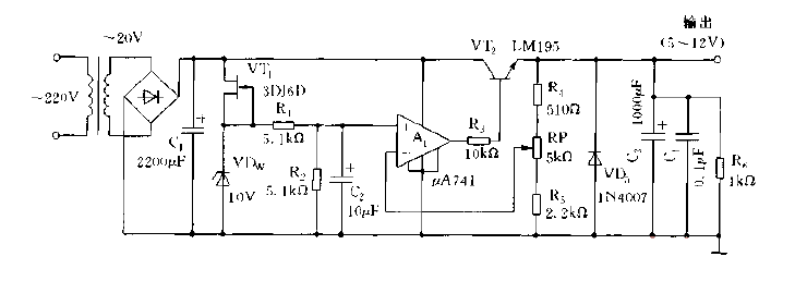 Practical<strong>DC regulated power supply</strong> circuit diagram composed of<strong>op amp</strong>.gif