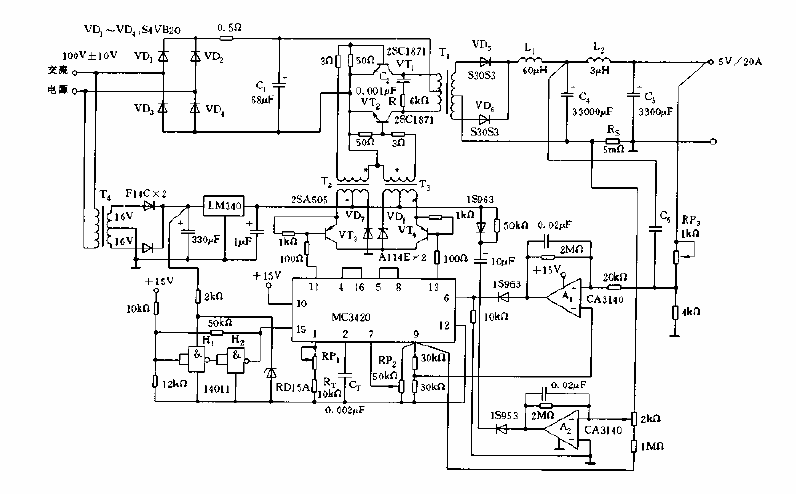 <strong>Switching power supply circuit diagram</strong> composed of MC3420 with output 5V and 20A.gif