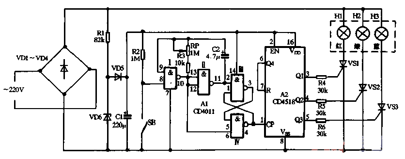 22. Use CD4011 and <strong>CD4518</strong> to make colorful circular decorative lights.gif