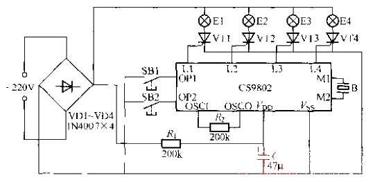 Four-way flashing light string circuit with music