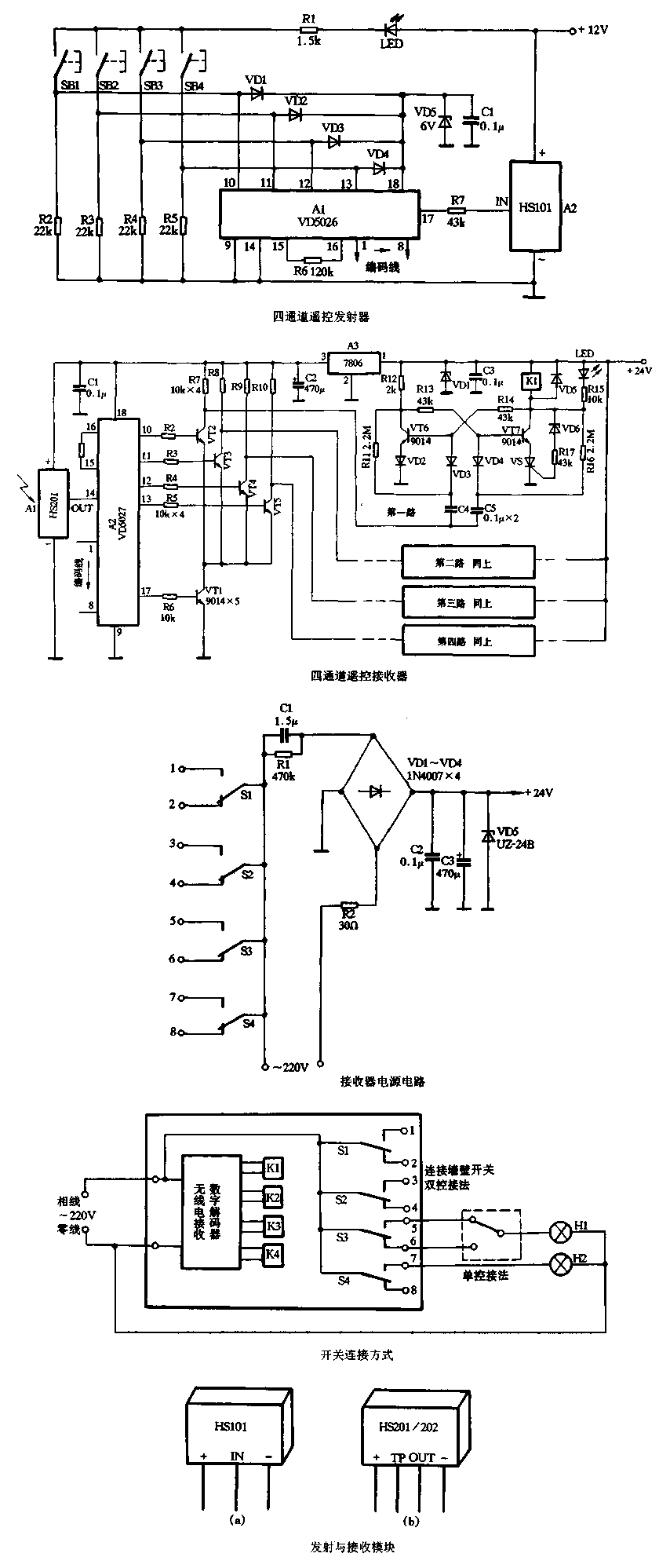 Use HS101 and 201 to make a four-channel radio remote control switch