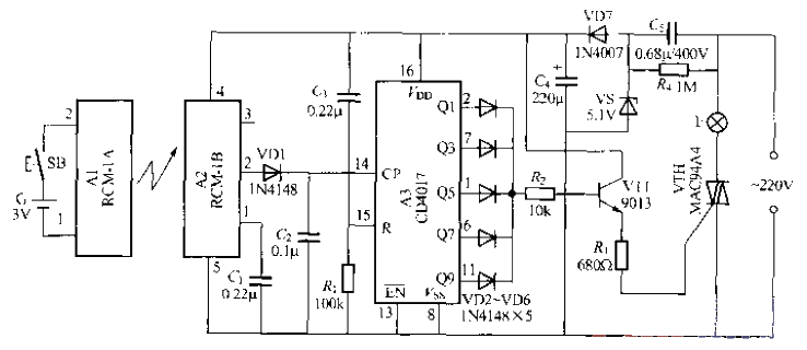 Radio remote control light switch circuit