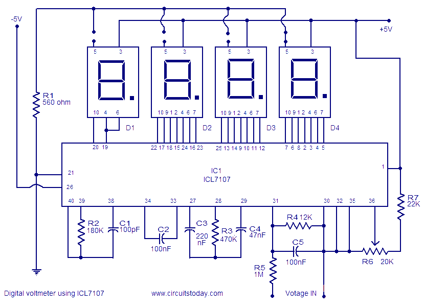 Using ICL7107 digital voltmeter circuit diagram