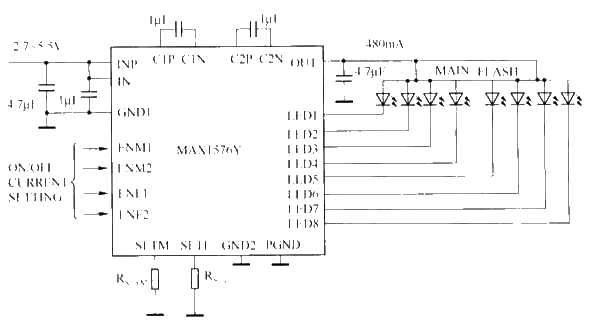 Circuit diagram of MA1576Y charge pump driving two sets of LEDs