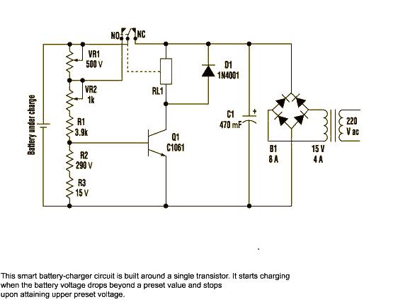 Using a single transistor to build a smart battery charger circuit diagram