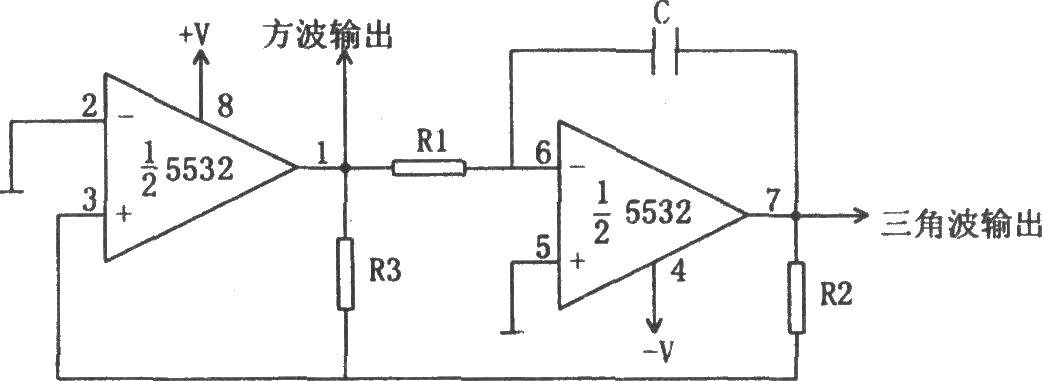 Square wave and triangle wave oscillator circuit composed of 5532