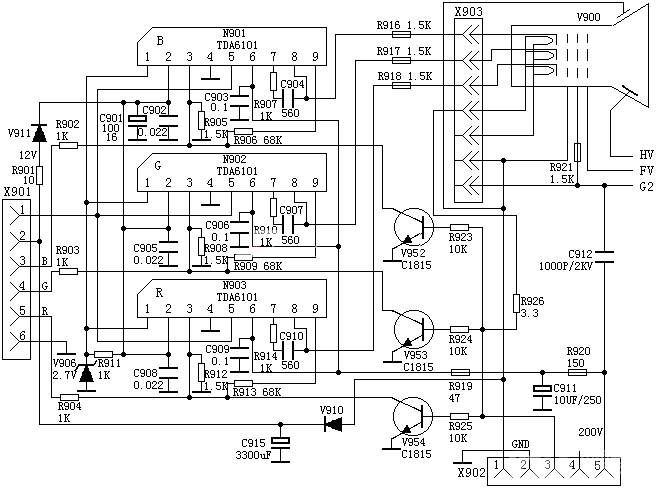 Color TV video amplifier circuit designed by TDA6101