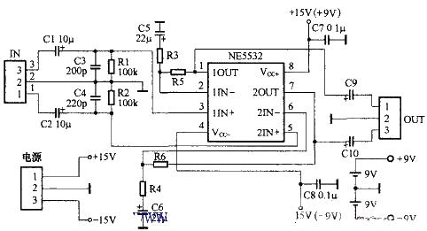 Circuit diagram of low power headphone amplifier made with NE5532