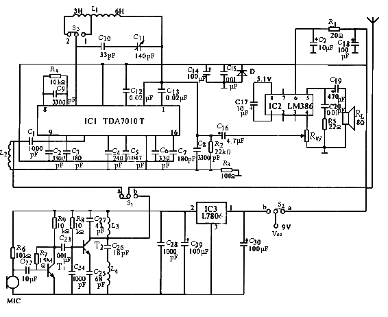 TDA7010T+LM386 FM walkie-talkie circuit diagram