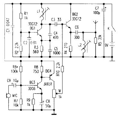 Circuit diagram of two wireless microphones made by 3DG12