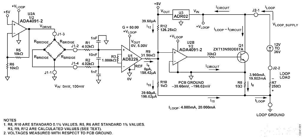 Figure 1. Robust loop-powered pressure sensor signal conditioning circuit with 4 mA to 20 mA output (shown in sensor voltage drive mode), schematic: all connections and decoupling not shown