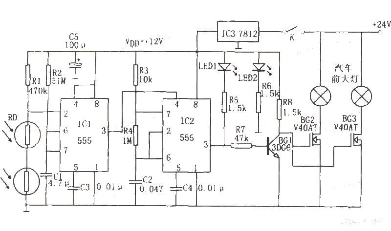 Automobile headlight automatic controller circuit composed of 555