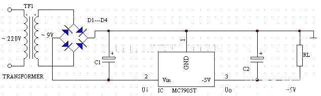 Circuit diagram of a regulated power supply that outputs -5V DC voltage