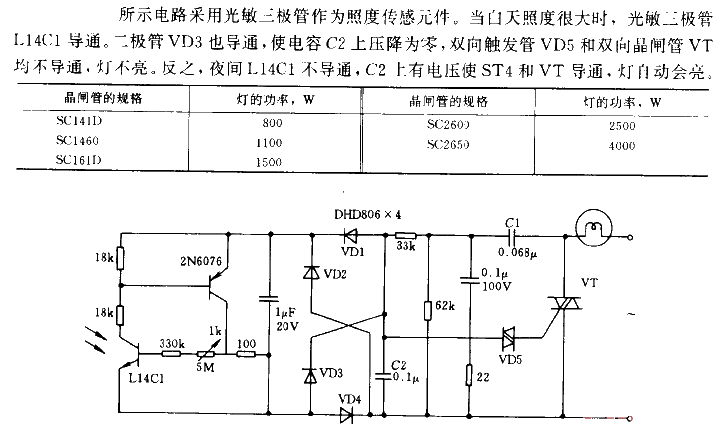 Automatic night lighting circuit using bidirectional thyristor