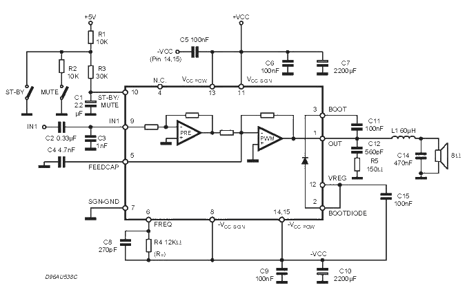 Typical application circuit of 25W digital power amplifier TDA7482