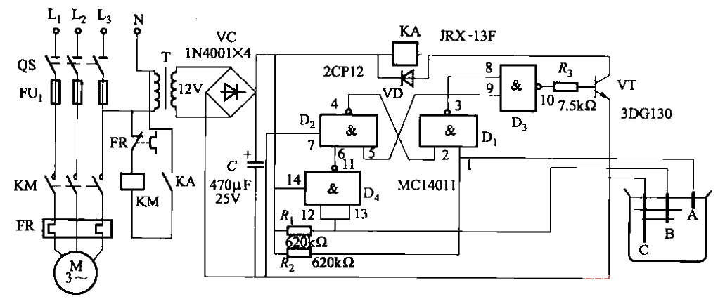 Liquid level automatic control circuit using MC14011 integrated circuit