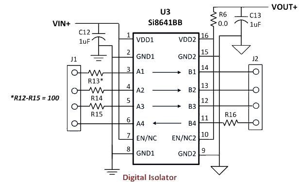 Digital isolator Si8641 typical circuit and OBC controller system