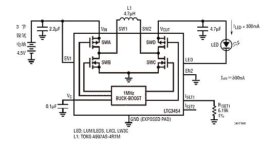 White LED circuit diagram composed of 3 NiMH batteries