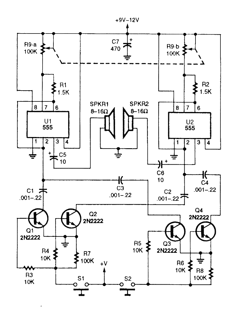 555 Oscillator: Two Tone Generator Circuit Diagram