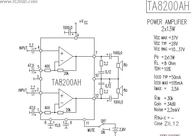 TA8200AH power amplifier circuit drawing schematic diagram