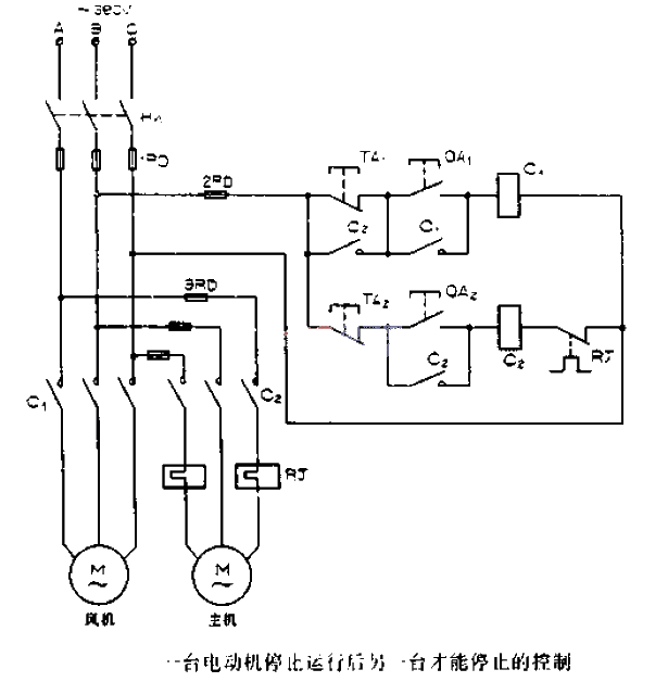 <strong>Control circuit diagram</strong> that requires one<strong>motor</strong> to stop running before the other one can stop.gif