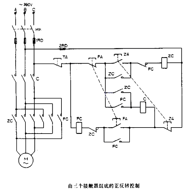 Forward and reverse control circuit diagram composed of three contactors