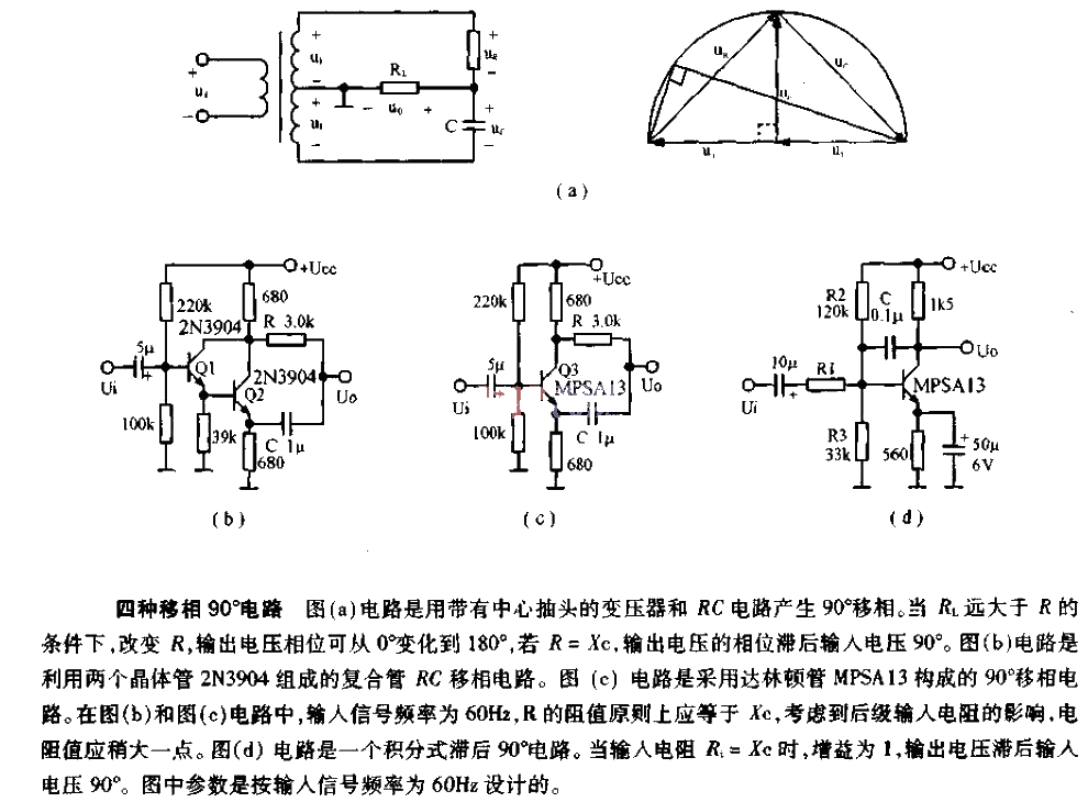 Four types of phase shift 90 degree circuit diagrams