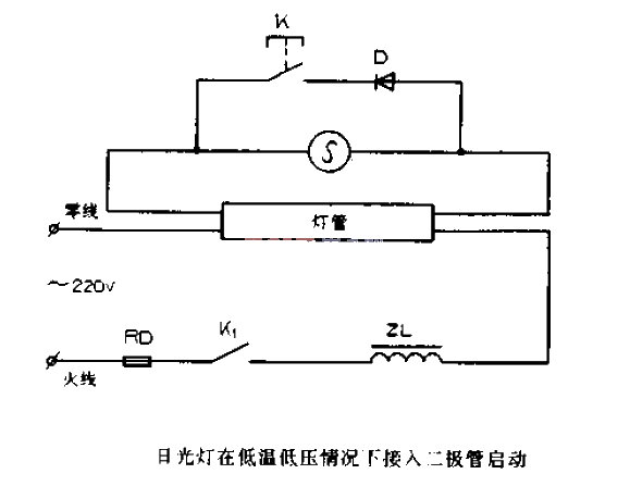 Fluorescent lamps are started by connecting diodes under low temperature conditions