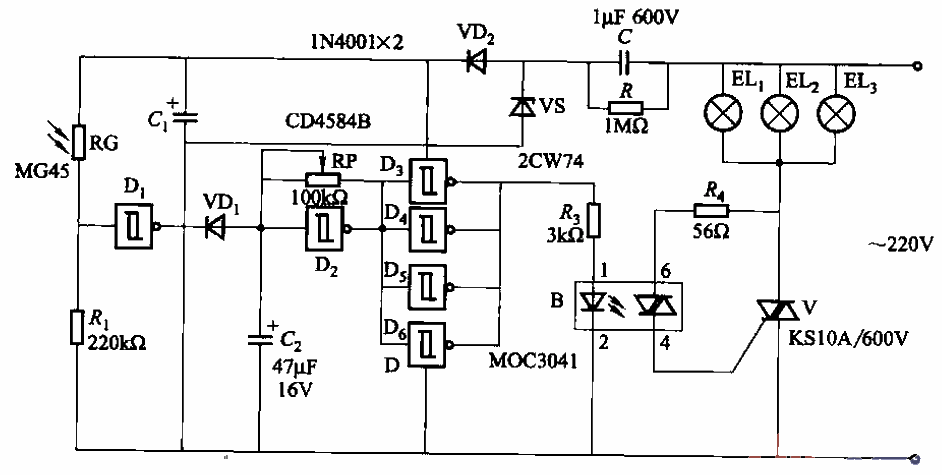 Light-controlled road construction warning light circuit three