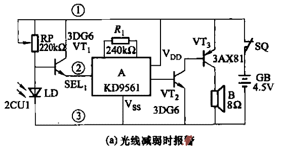 Light-controlled anti-theft alarm circuit using photosensitive diode a