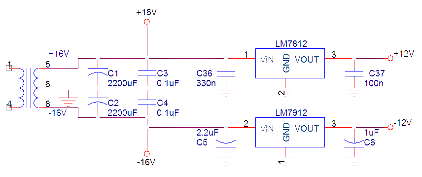 Circuit diagram of a regulated power supply that outputs dual positive and negative voltages of 12V